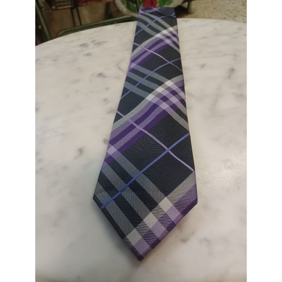 Geoffrey Beene Men's 100% Silk Tie Purple & Gray Plaid - Picture 1 of 3